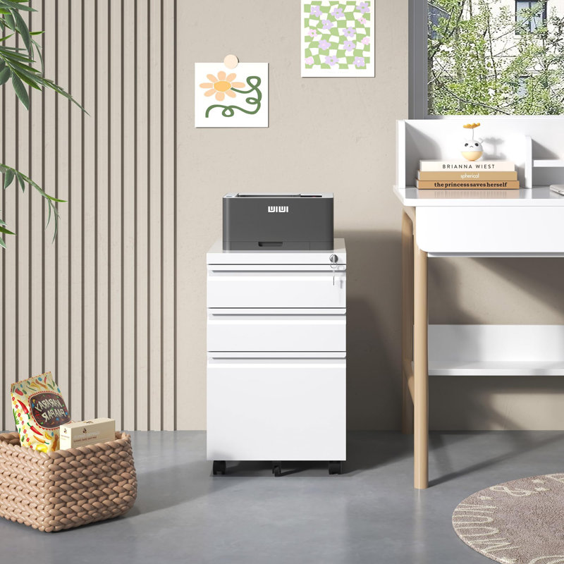 3 Drawer Metal Mobile File Cabinet with Lock for Home Office Fully Assembled, White