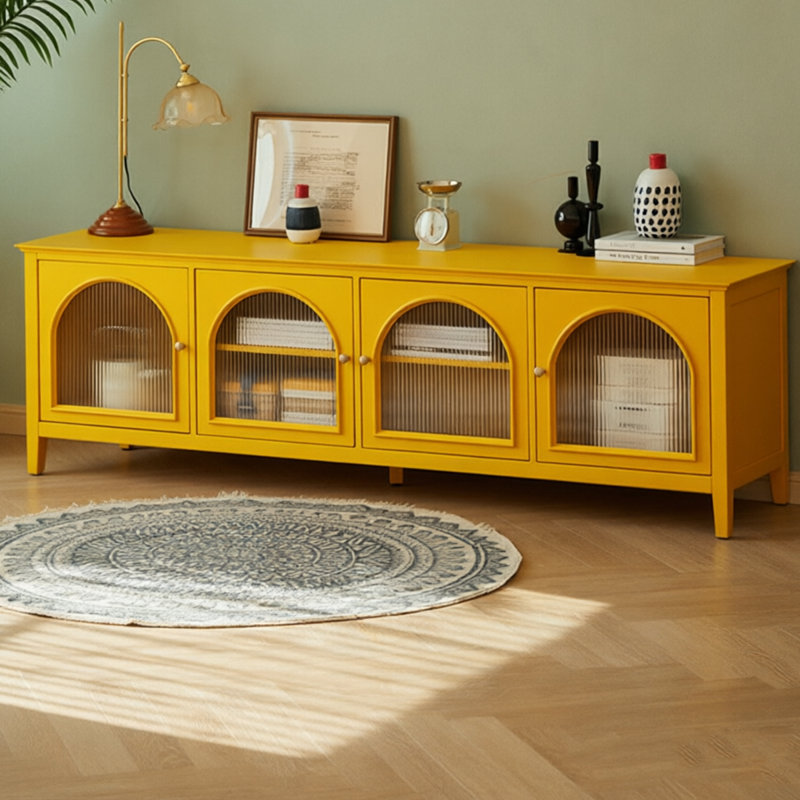Meuble télé arqué vintage en chêne jaune de 78,74 pouces, H 24,02 po x l 78,74 po x P 17,72 po