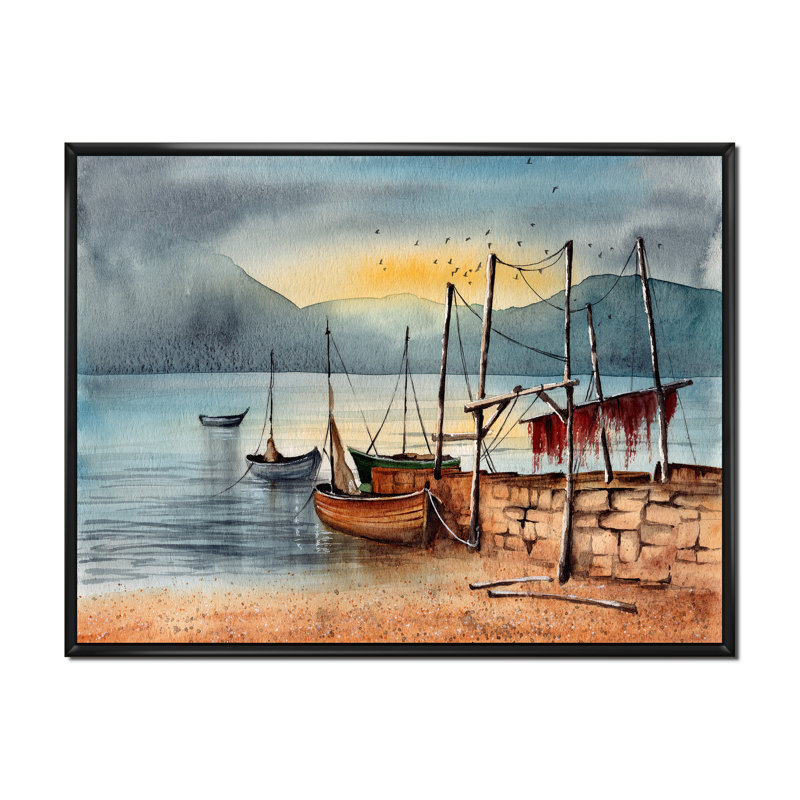 «Plusieurs bateaux de pêche dans le port du lac II», reproduction sur toile, H 24 po x l 32 po, Toile à cadre flottant noir