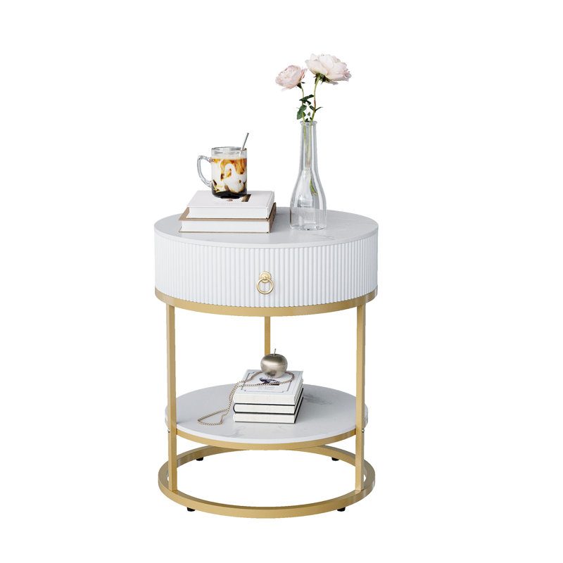 End Table with Storage, Gold, White Marble