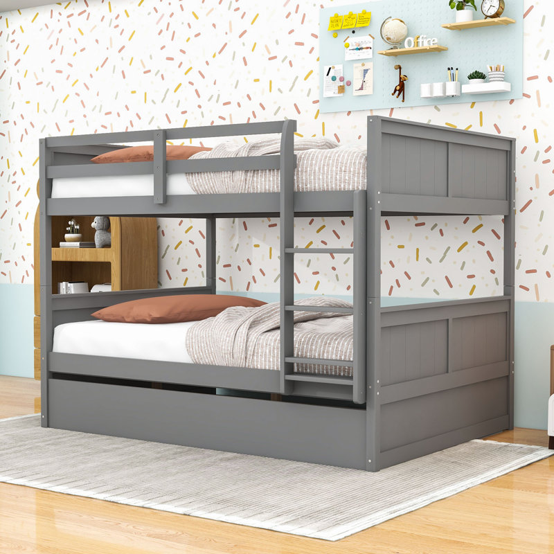 Wood Full Over Full Bunk Bed With Twin Trundle And Guardrails, Gray