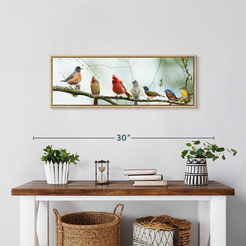 Rassemblement d'oiseaux, 25 po x 9 po, Cadre flottant en bois naturel