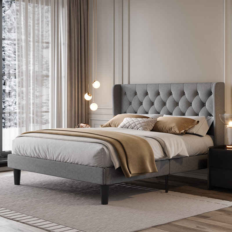 Bertillo Tufted Upholstered Low Profile Platform Bed with Wingbacks, Gray, Queen