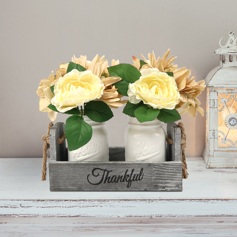 Cozy White Mason Jar Table Centerpiece with Rose Bouquet Flowers, Dining & Coffee Table Décor, White
