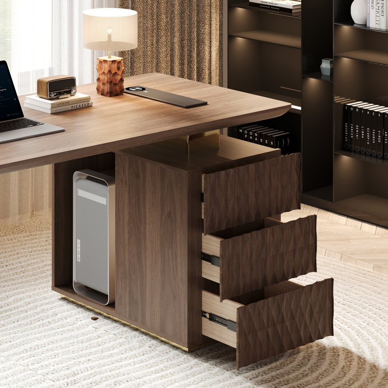 Bureau ovale luxueux avec finition noyer avec espace de rangement pour ordinateur et recharge sans fil