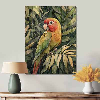 Feather And Parrot In The Tropics II - Parrot Wood Print - On Natural Pine Wood