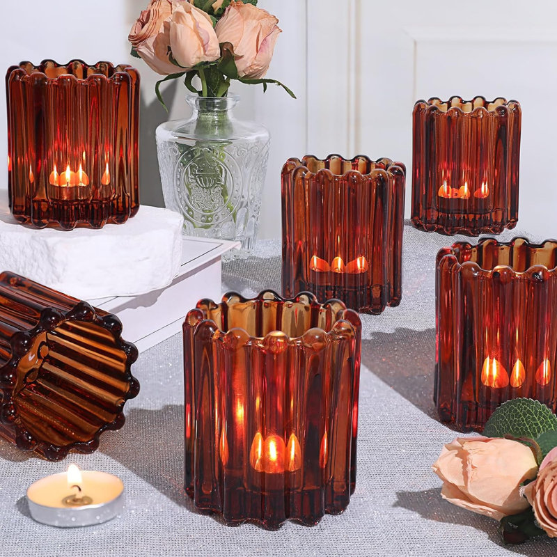 6 porte-bougies votives en verre ambré