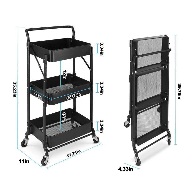 Chariot roulant pliable en métal à 3 niveaux, Noir