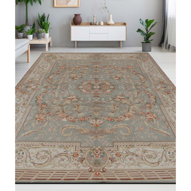 Tapis vert clair et crème noué à la main de haute qualité