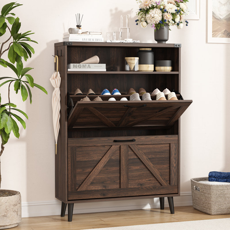 Shoe Storage Cabinet, Dark Brown Wood
