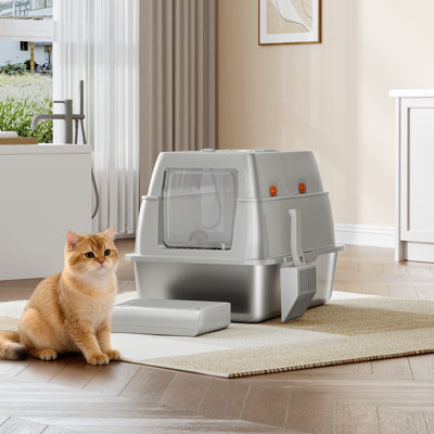 Stainless Steel Cat Litter Tray with Lid, Enclosed Cat Litter Box, 180° Hinged Lid, Includes Pedal and Scoop, Easy to Clean, Modular Design, 61 L x 41 W x 40 H cm 