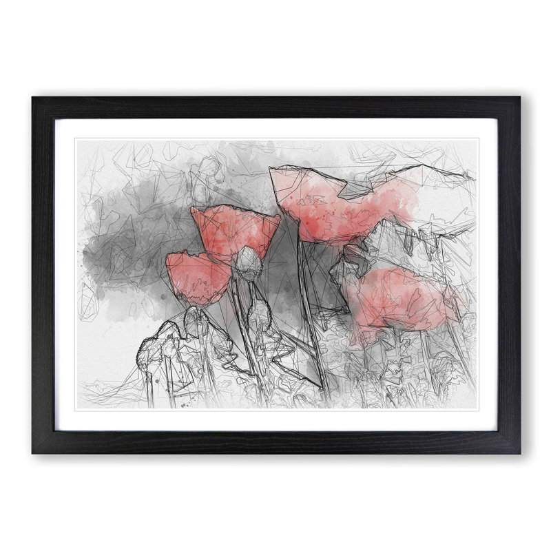 Red Poppy Field Sketch - Picture Frame Graphic Art Print, Black Framed, 40cm H x 60cm W x 2cm D