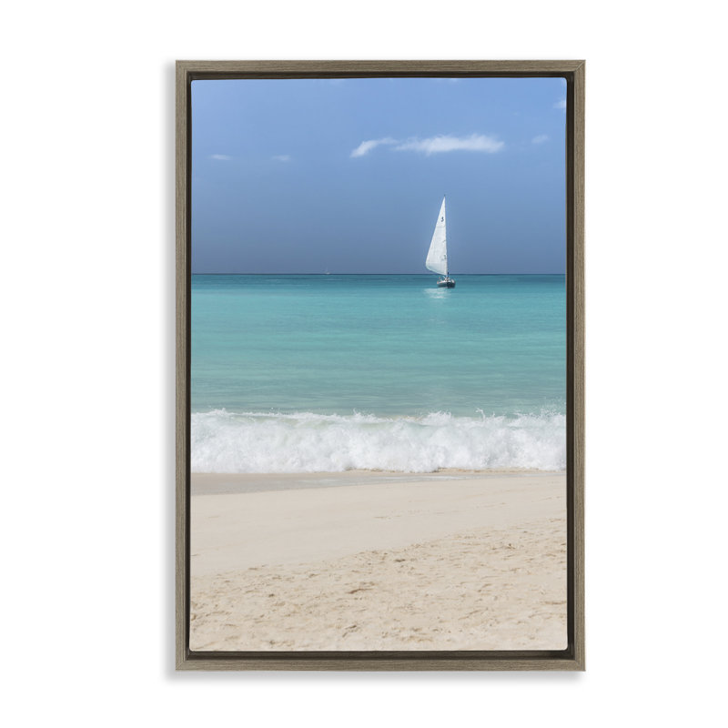 Toile flottante «Lone Sailboat Beach Tide» par Mary Lou Johnson, Cadre flottant orme Montalcino, H 25 po x l 17 po