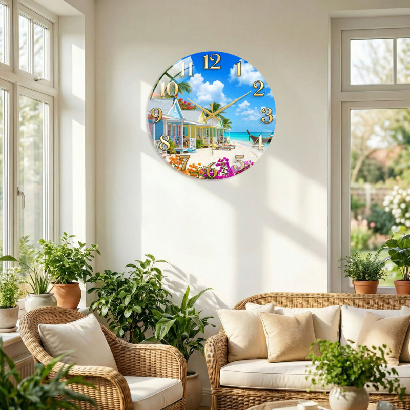 "Tropical Beach", horloge murale en verre, 40 x 40 cm (15,7 x 15,7 pouces)