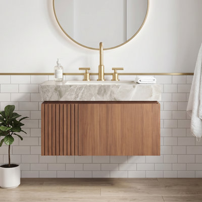 Meuble-lavabo autoportant en contreplaqué de 30 po avec lavabo en céramique, armoire de rangement flottante avec tiroir et porte, plateau en pierre frittée avec 3 trous de robinet pré-percés (pré-assemblés)