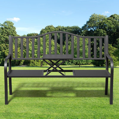 Banc d'extérieur 2 en 1 en métal, banc de jardin résistant aux intempéries, avec dossier à rayures et table centrale pliante, pour patio, porche, parc, pelouse