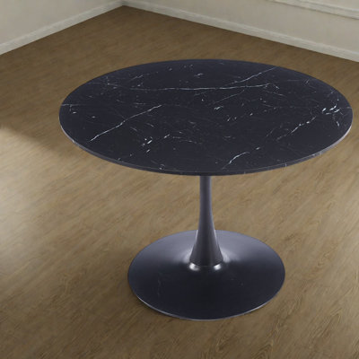 Mid-century Modern Black Marble Dining Table, 42.1” Round Mdf Top