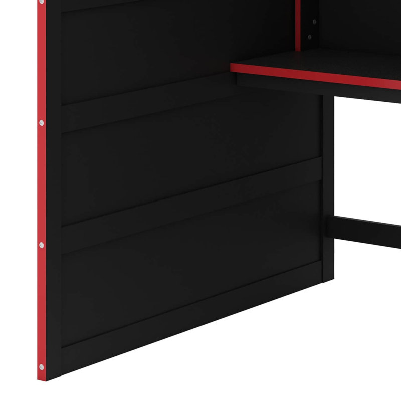Full Size Wooden Gaming Loft Bed Featuring Desk, Storage Shelves & Built-In Ladder, Equipped With Storage Closet, Red