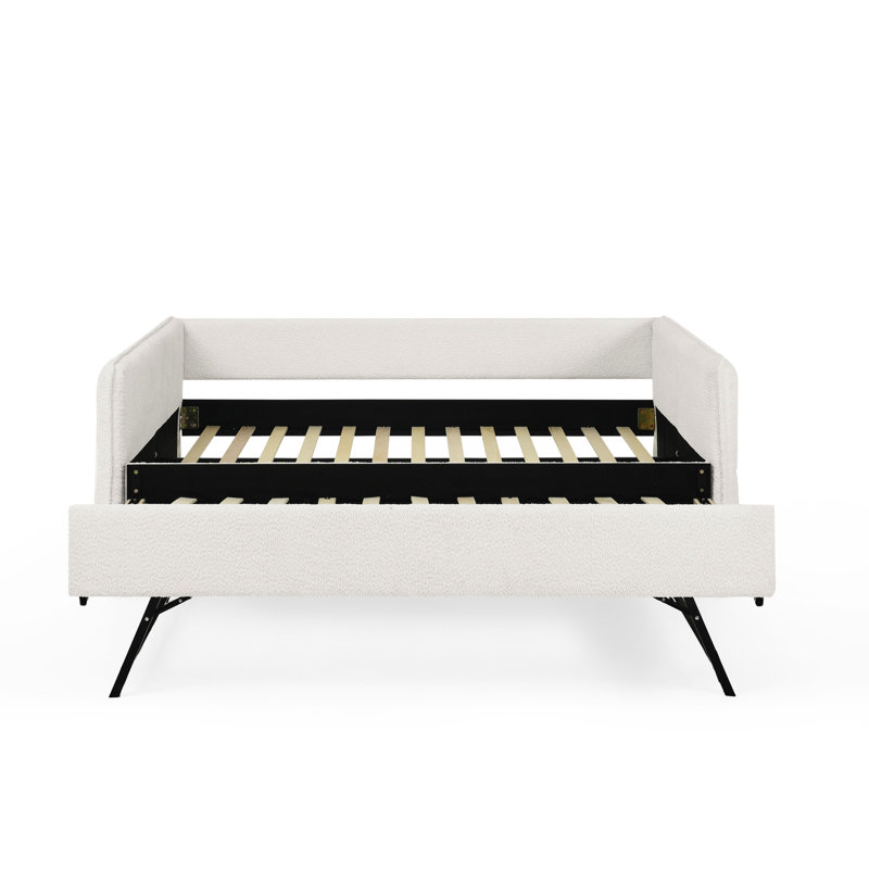 Lit de jour rembourré pleine grandeur avec couchette en tissu bouclé beige de 83 po x 58,5 po x 29,5 po à rayures verticales sur les dossiers pour plus de confort, assise en mousse et dossier rembourré