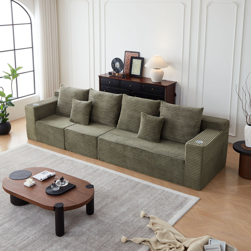 Canapé modulaire profond en velours côtelé avec porte-gobelets, aucun assemblage requis, Gris