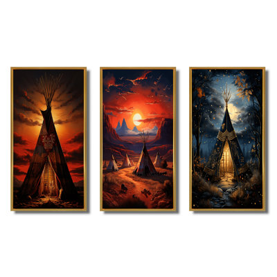 «Orange Native Tipi Embrachant Tradition», 3 pièces sur toile