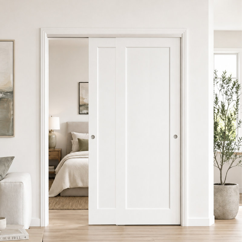 Porte intérieure coulissante double à double dérivation avec quincaillerie, ensemble de portes moulées à panneau creux blanc avec rail en aluminium et roulettes silencieuses