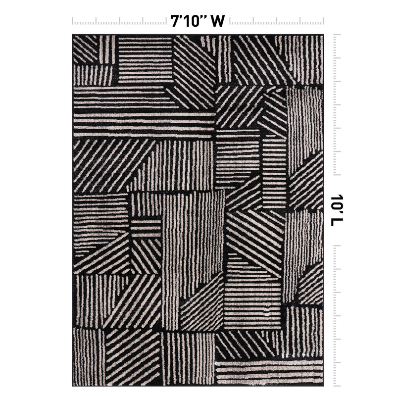 Rambo Geometric Black/Ivory Area Rug, Rectangle 7'10" x 10', Black