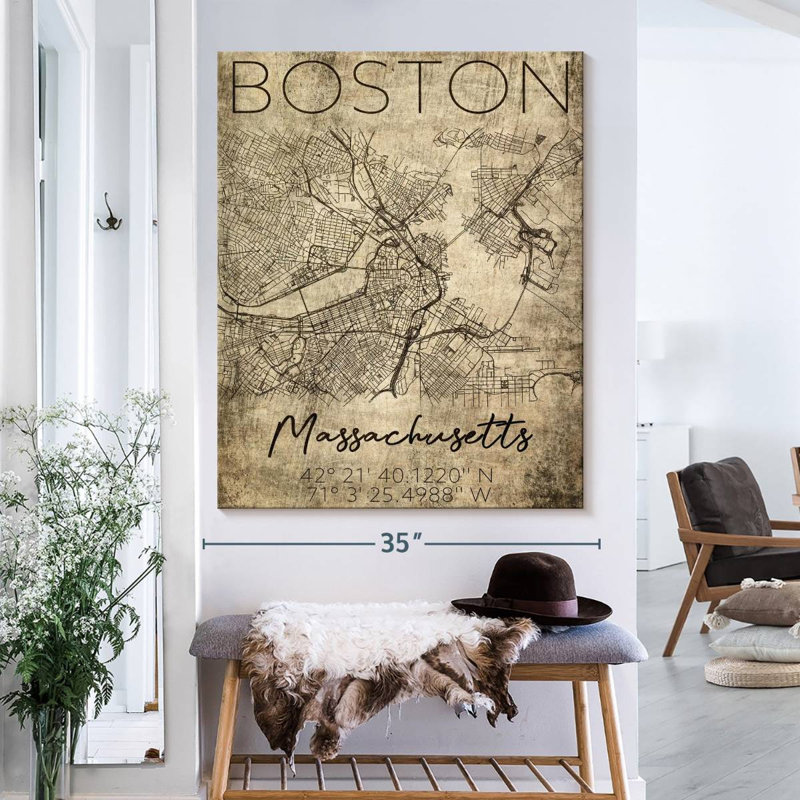 Carte rétro de la ville de Boston sur toile, H 40 po x l 32 po