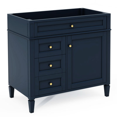 Armoire de salle de bain 36 po, aspect moderne. Structure en bois massif, sans lavabo. 2 tiroirs et un tiroir basculant. Bleu. Structure. Conception romaine exquise. Meuble de rangement suffisant, 36 po. Armoire sans cadre