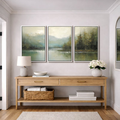 Abstract Landscape "Earthy Neutral Green Woodland Artwork, Serene Nature Lake Decor Wall Pictures, Framed Canvas Giclée Print 3 Pieces Wall Art"