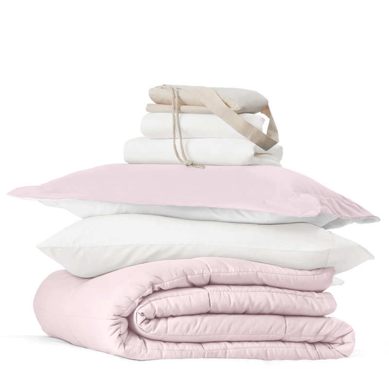 8-PC College Dorm Twin XL Bedding Bundle - Comforter Set, Sheet Set, Pillows and Laundry Bag, Blush / White