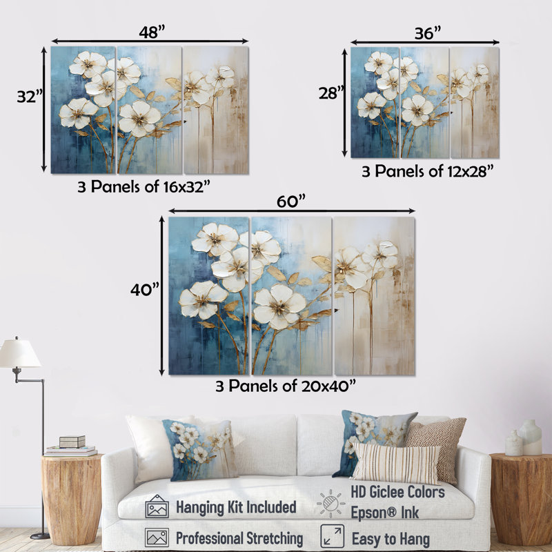 «Golden Blue Geraniums Bloom», ensemble d'art sur toile de géraniums, H 32 po x l 48 po x P 1 po