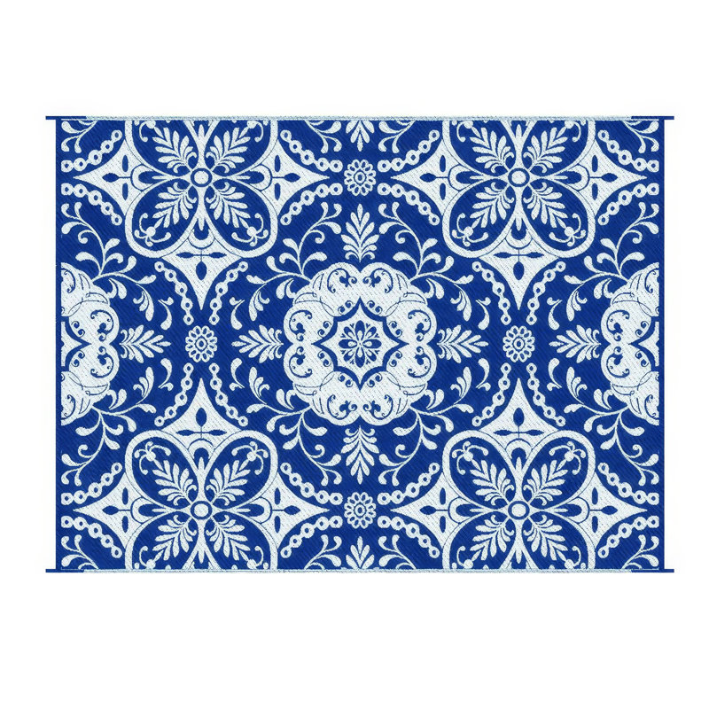 Tapis d'extérieur, médaillon floral bleu et blanc, paille en plastique XL 9 x 12