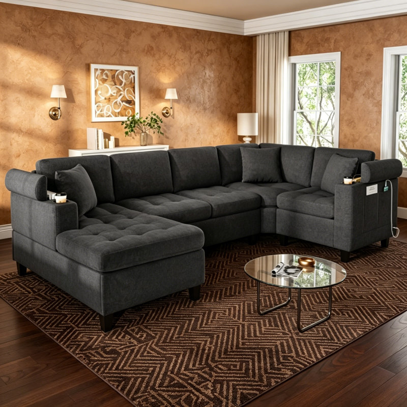 Canapé modulaire moderne en forme de U avec porte-gobelets intégrés, rangement et ports USB pour des sièges de salon spacieux et confortables