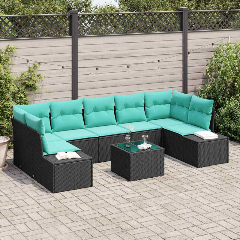 Ensemble de canapé de jardin vidaXL 8 pièces en rotin de polyester noir et turquoise