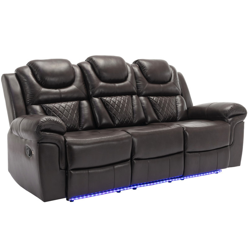 Home Theater Seating Manual Recliner Chair With Center Console And LED Light Strip For Living Room, Brown