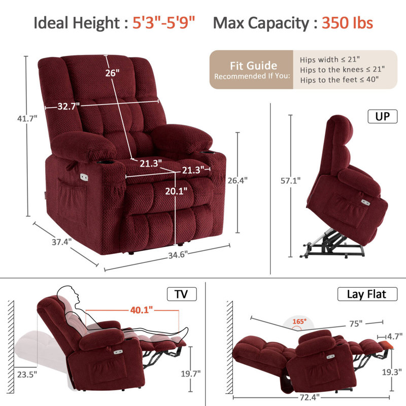 Dual Motor Power Recliner Lift Chair with Massage and Heat, Infinite Position, Burgundy