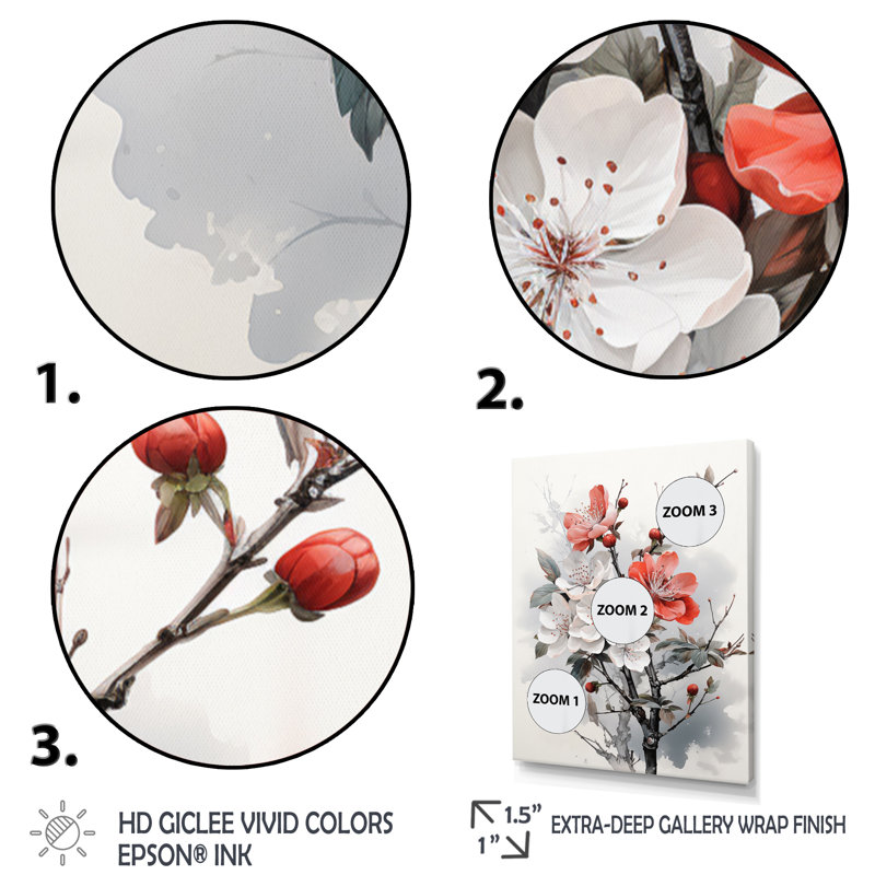 Asian Art Apple Blossom I - Décoration murale asiatique, Cadre photo doré simple, H 40 po x l 30 po x P 1,5 po