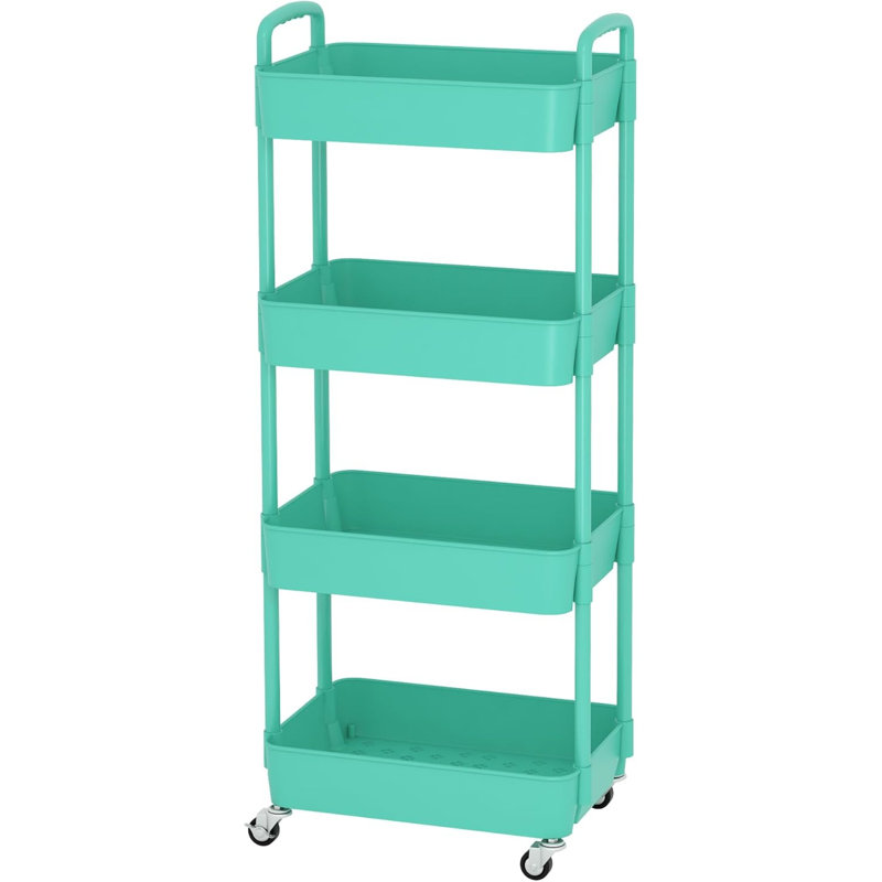 4-Tier Plastic Rolling Utility Cart with Handle, Multi-Functional Storage Trolley, Living Room, Kitchen, Movable Storage Organizer with Wheels