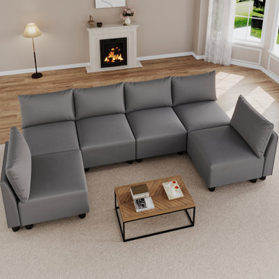 Modern Linen Modular Sectional Sofa U Shaped with Extra Deep Seats and Storage Ottomans
