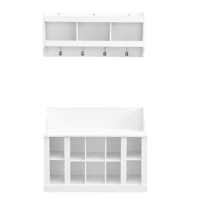 Adjustable Shoe Bench And Coat Rack, 4 Hooks, White Wall Mounted Entryway Organizer For Hallway, Foyer Stylish Storage With Cabinet Shelves, Hall Tree Home