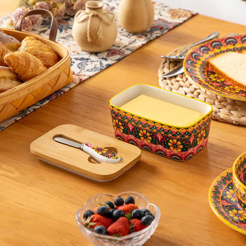 Poreclain Butter Container With Sealed Lid And Butter Knife with Porcelain Handle, Ceramic Stamping In Bohemian Style, Green, Bamboo Lid With Silicon Seal, Keep Butter Fresh, Food Container, 6.5in