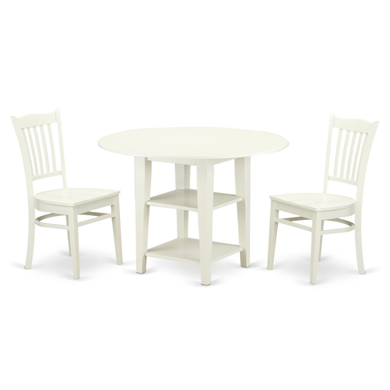 3 Piece Dining Room Furniture Set Contains a Round Kitchen Table with Dropleaf & Shelves and 2 Dining Chairs, Linen White