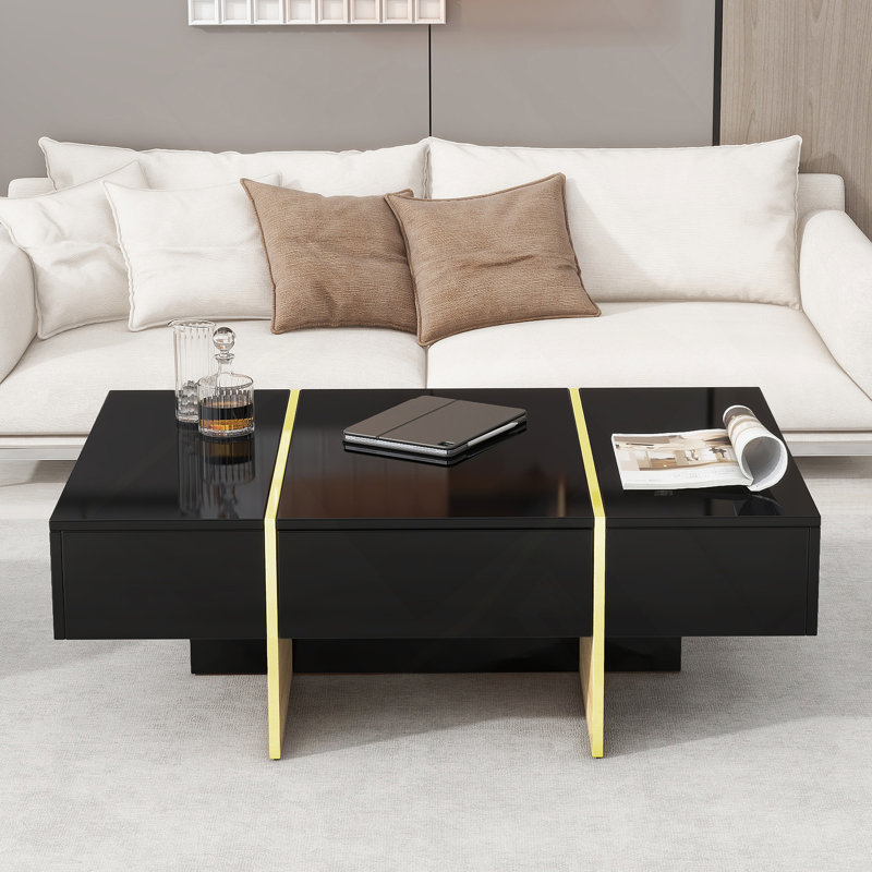 Table de canapé rectangulaire moderne à rangement multiple en bois doré, Noir, noir, noir, noir