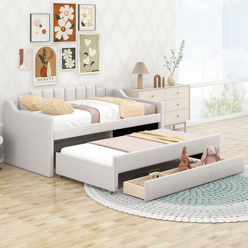 Upholstered Daybed with Trundle and Three Drawers, Beige