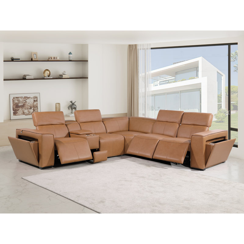Top Grain Italian Leather 6-Piece L-Shaped Modular Power Reclining Sectional With 3 Power Recliners & Power Headrests