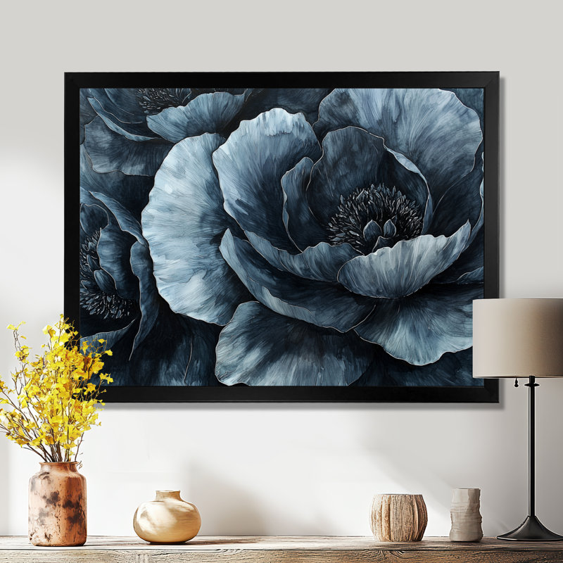 «Blue Mid Night Harmony Peony II», art mural pivoines, H 30 po x l 40 po, Reproduction encadrée d'une seule photo, Noir