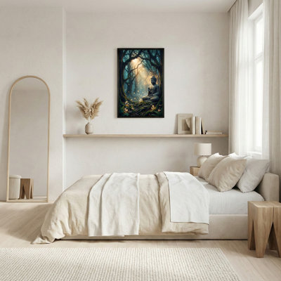 Meditating Buddha Statue in Glowing Sacred Geometry Forest Canvas Wall Art