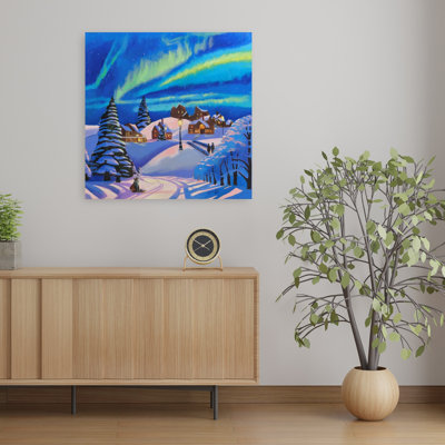 Northern Lights Village Peaceful Abstract Contemporary Fox Landscape Winter Wall Art Print 1 Piece Wrapped Canvas Wall Art