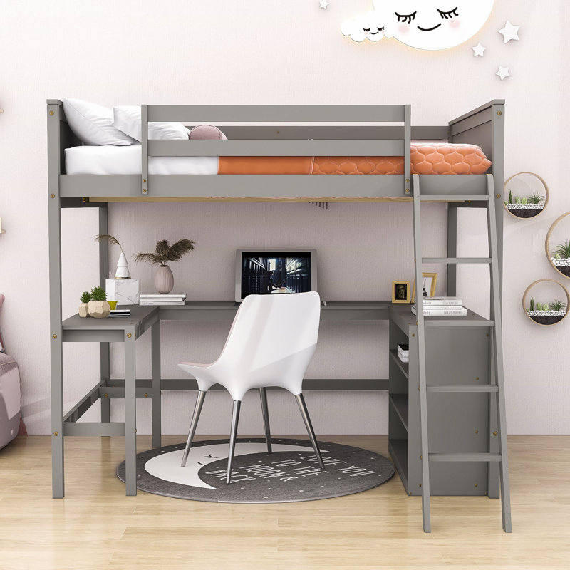 Wood Loft Bed With Desk And Shelves, Gray, Full